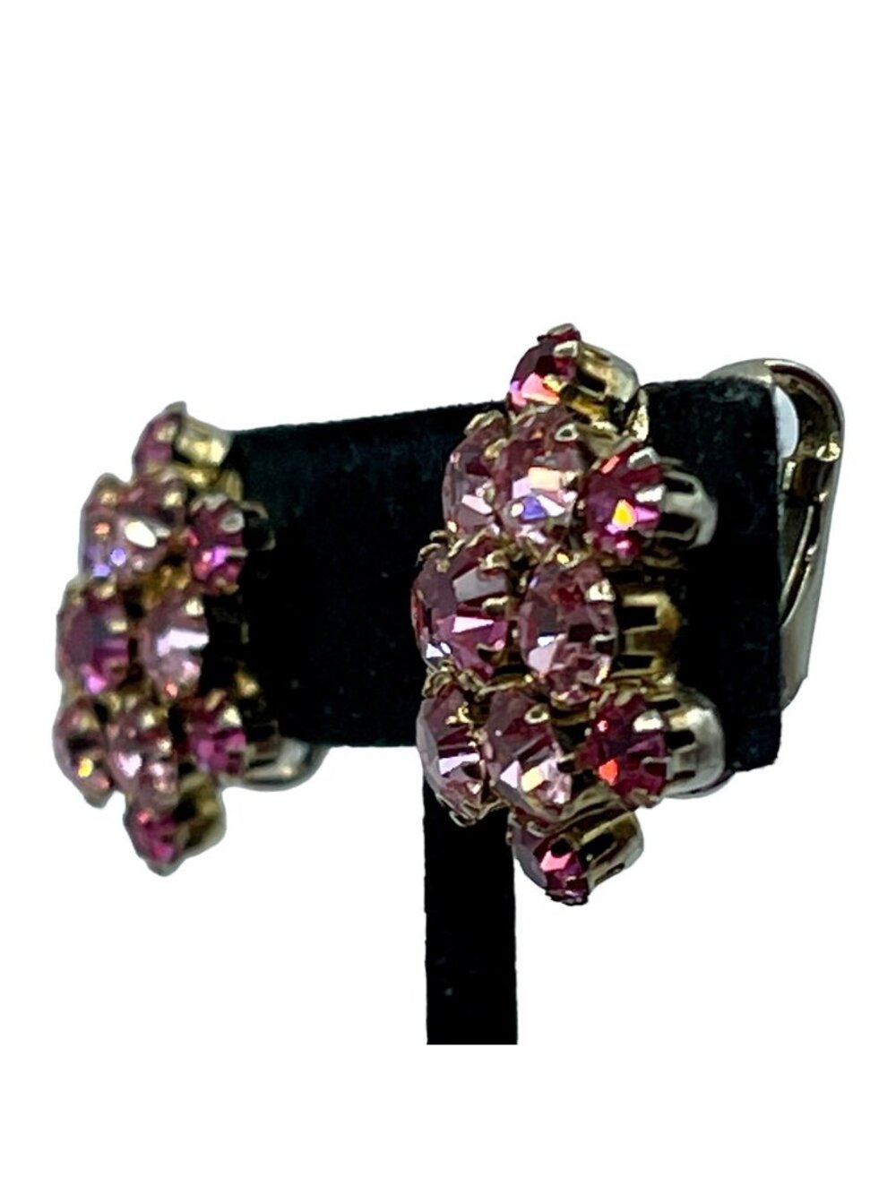 Pink Rhinestone Earrings Two Toned Prong Set Cluster Vintage Clip On Gold Tone - Picture 6 of 16